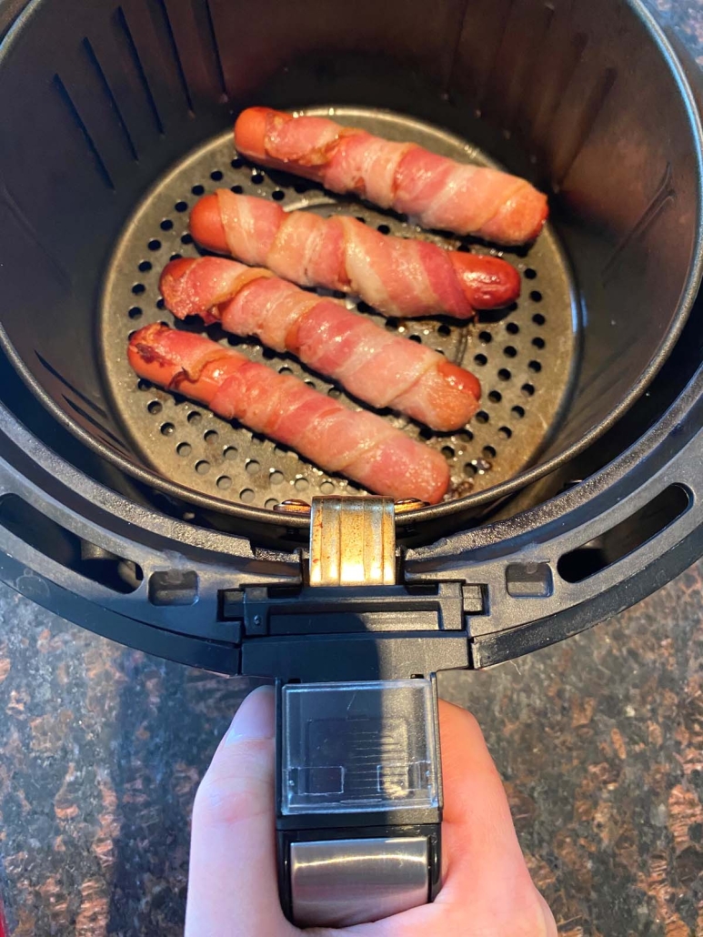 air fryer crispy bacon wrapped hot dogs