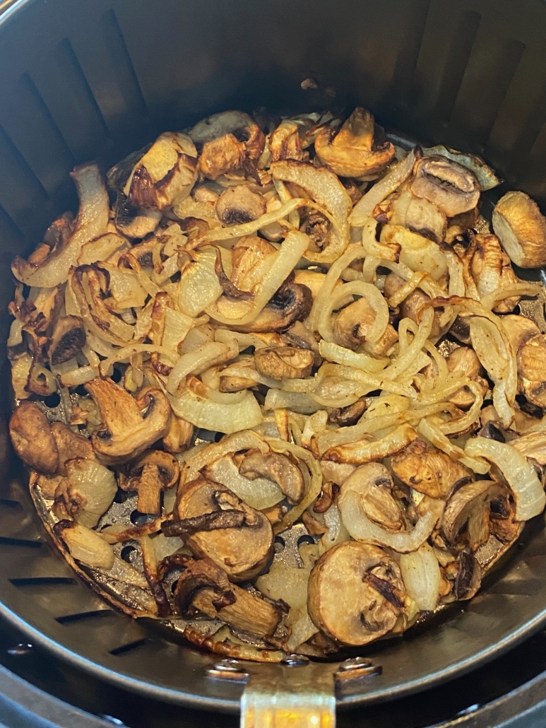 sliced mushrooms and onion in air fryer