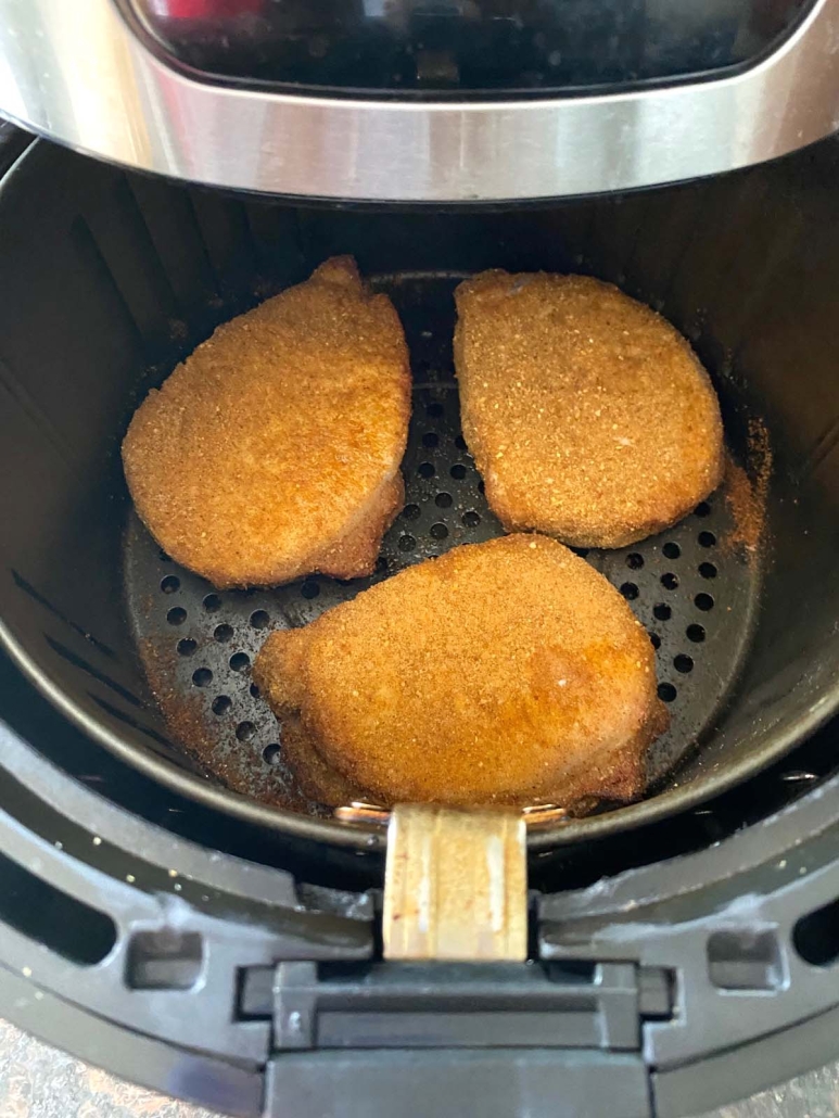 Shake N Bake pork chops golden brown in the air fryer
