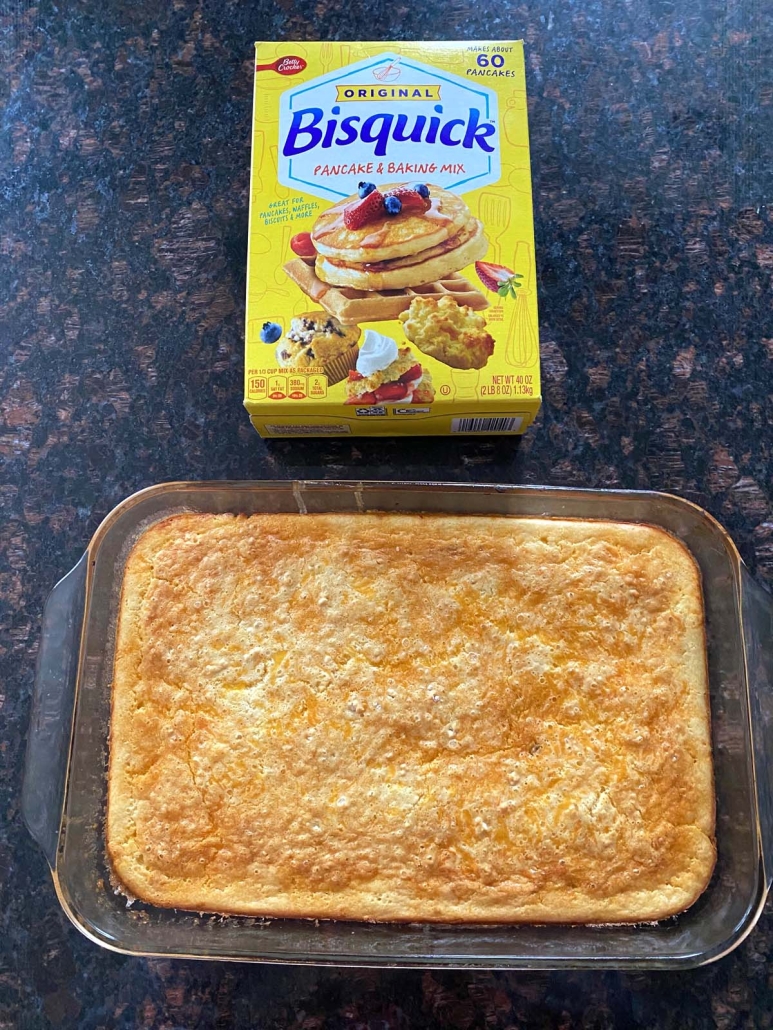 Bisquick Breakfast Casserole next to box of Bisquick baking mix