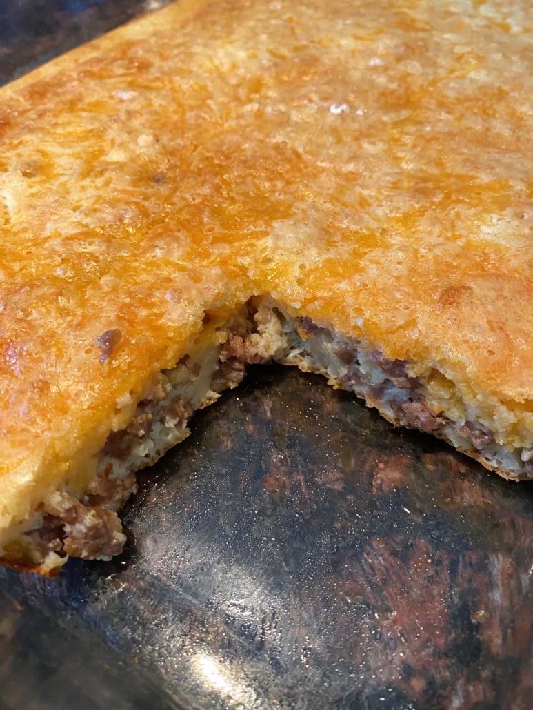 side view of breakfast casserole with sausage