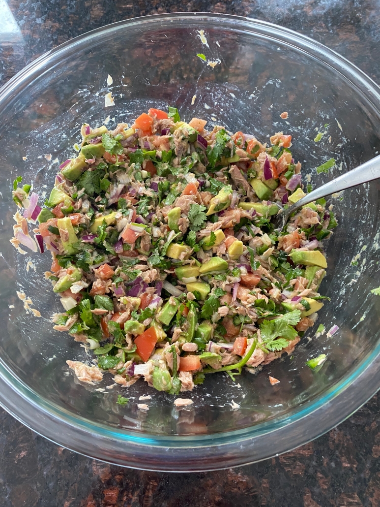 mixing bowl with Canned Tuna Ceviche ingredients