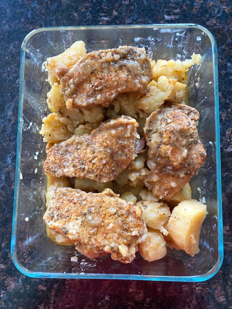 Instant Pot Pork Chops And Potatoes in a serving dish