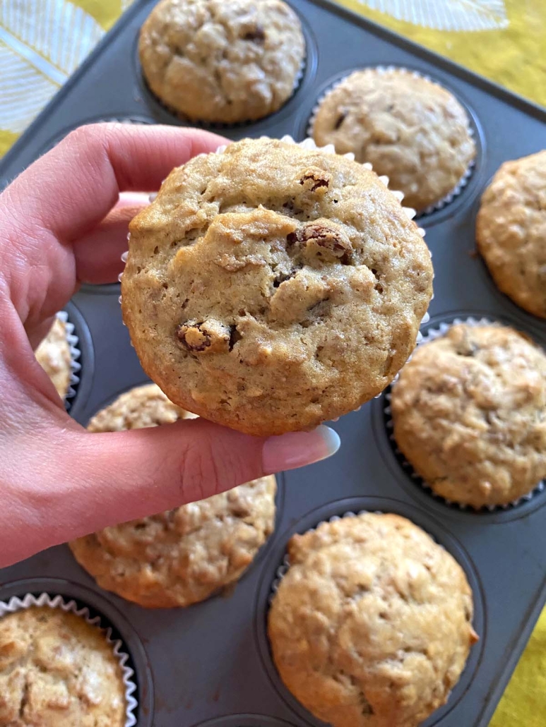 hand holding healthy Raisin Bran Muffins