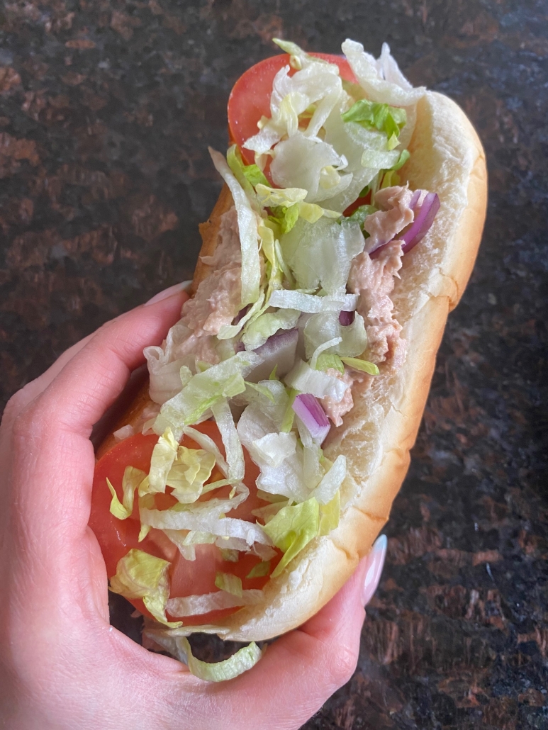 hand holding copycat Subway Tuna Salad Sandwich