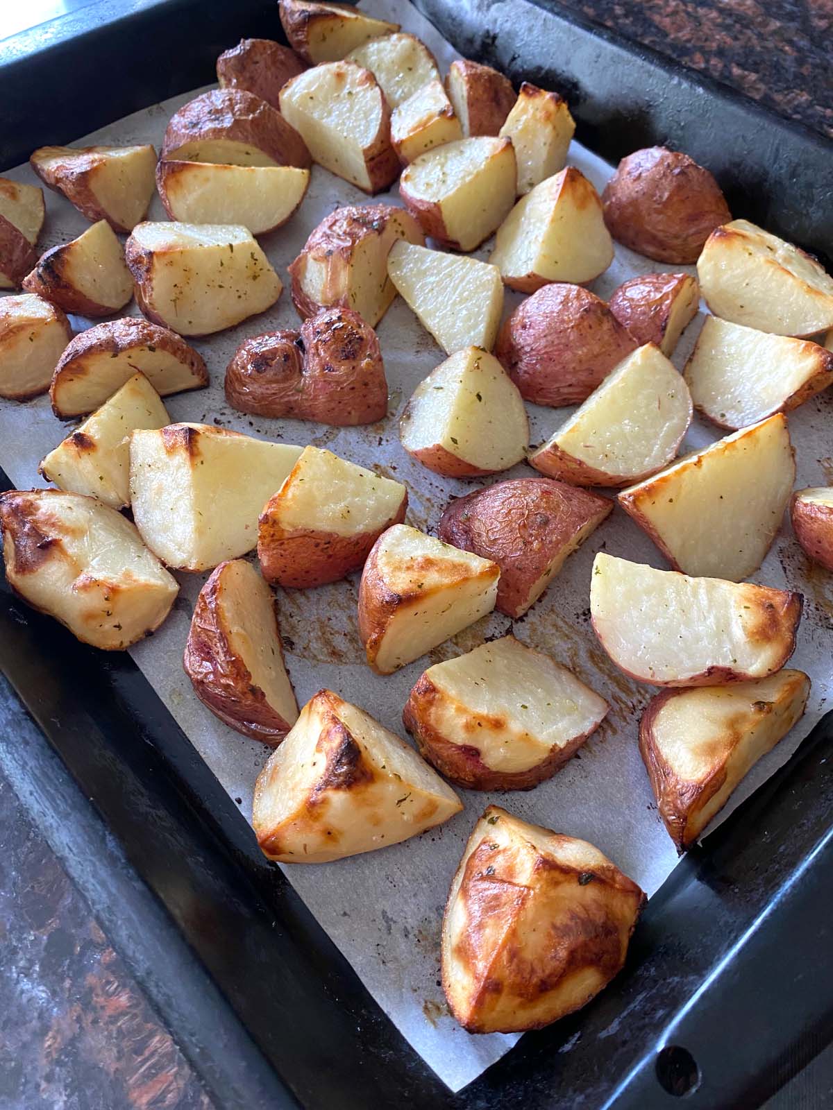 ranch roasted potatoes on a sheet pan