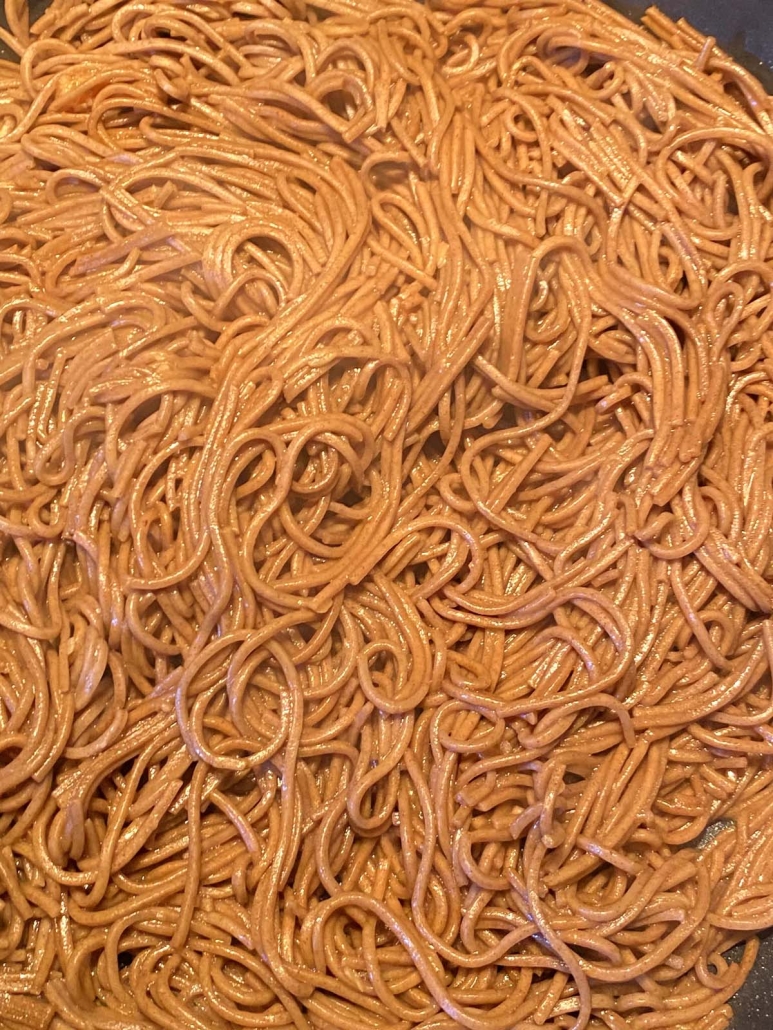 Hibachi Noodles cooked in a skillet