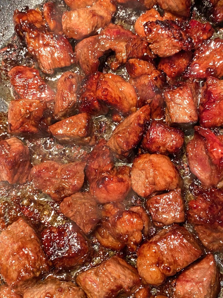 close-up of Hibachi Steak in a pan