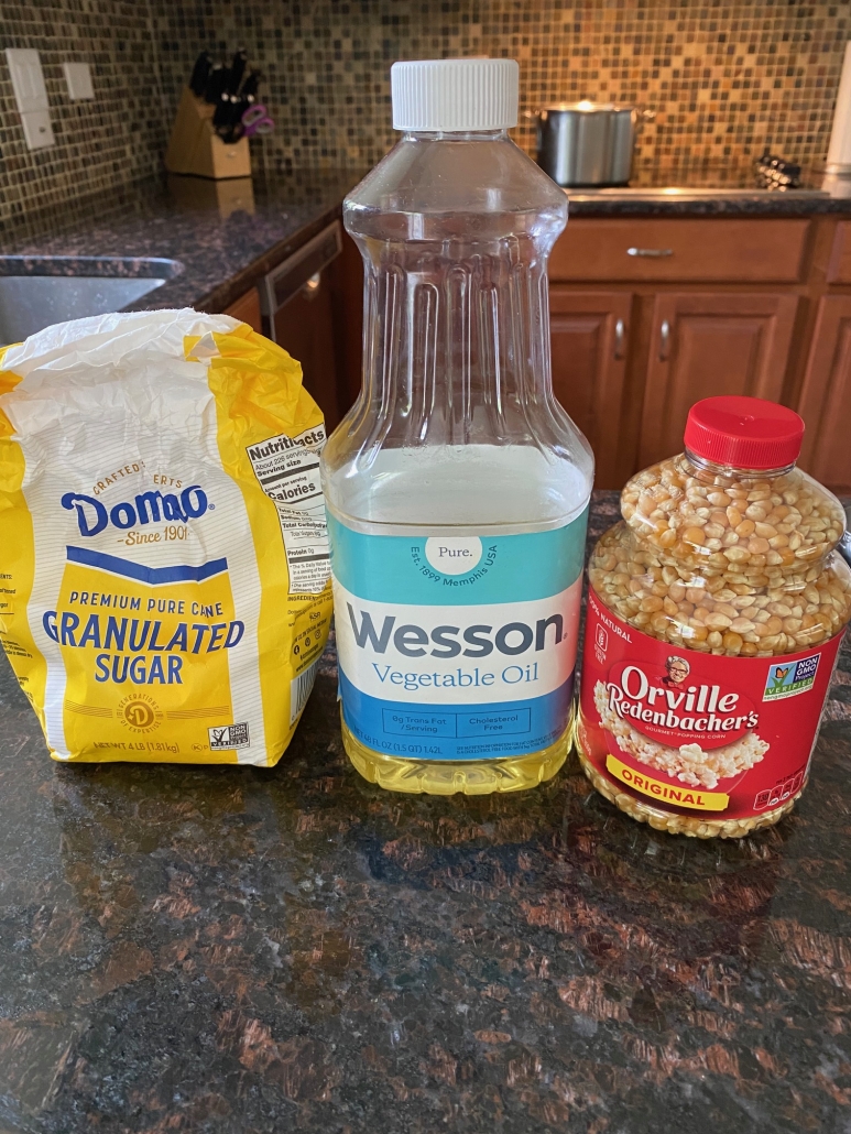 sugar, vegetable oil, and popcorn kernels