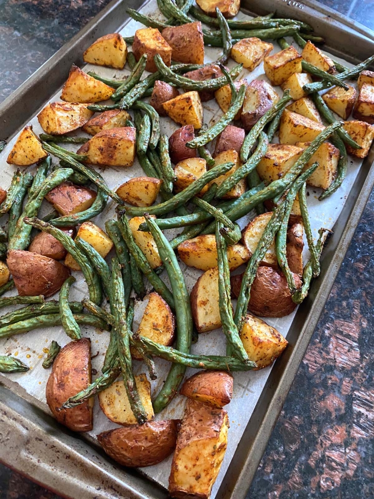 golden brown Roasted Potatoes And Green Beans