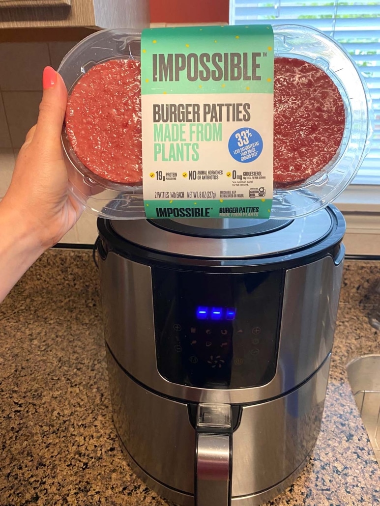 package of Impossible burgers in front of air fryer