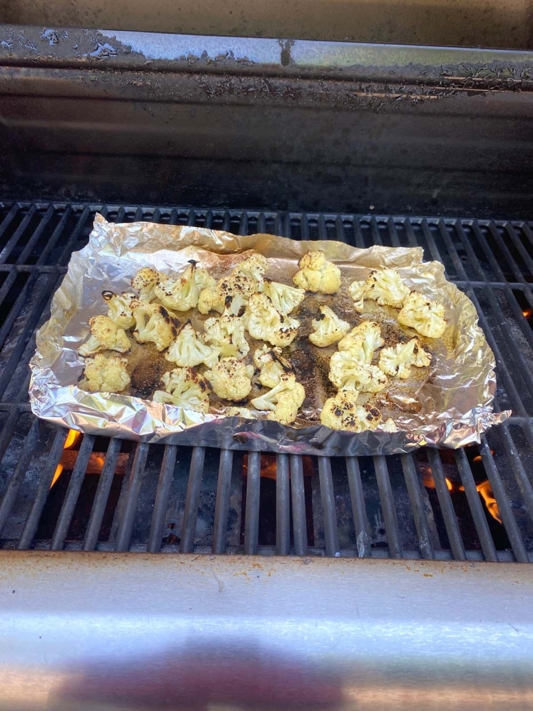 grilled cauliflower florets on foil