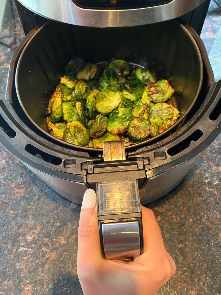 smashed Brussels Sprouts roasting in air fryer