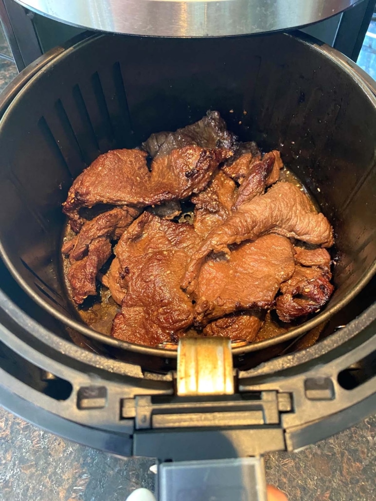 air fryer opened to show easy dinner Trader Joe’s Bool Kogi inside