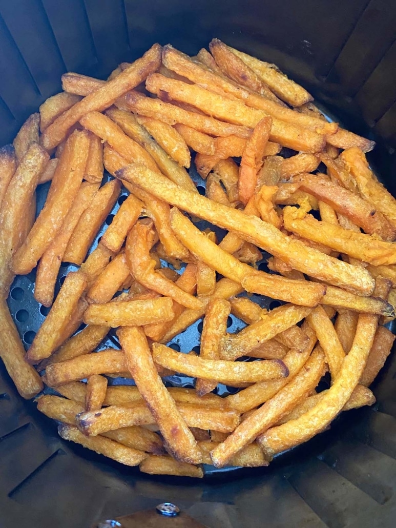 sweet potato fries crisping up in air fryer