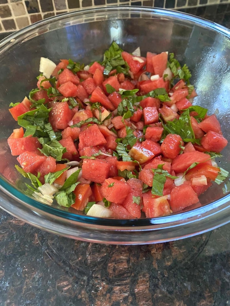 chopped Watermelon Tomato Salad in a bowl