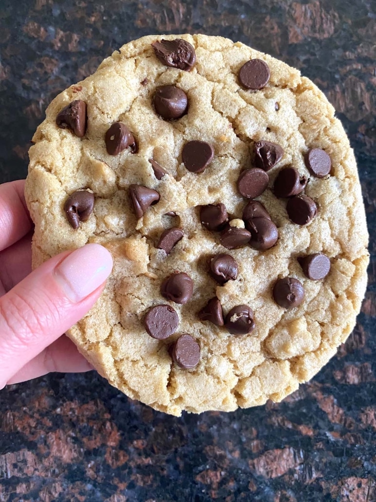 hand holding a baked Dairy Free Chocolate Chip Cookie