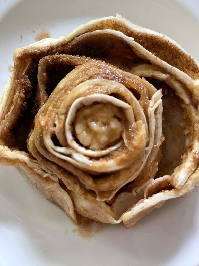 cinnamon roll made with a flour tortilla