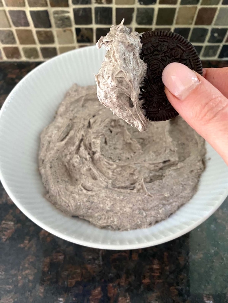 Oreo cookie with a dollop of Oreo Dip on it