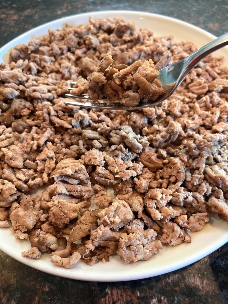 fork holding bite of Air Fryer Ground Turkey