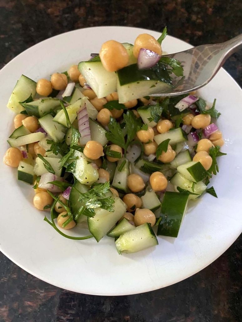 forkful of Cucumber Chickpea Salad