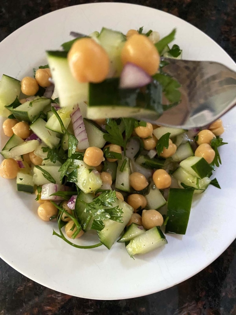 bite of fresh Cucumber Chickpea Salad
