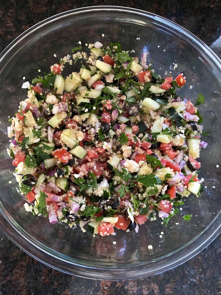 chopped vegetables for Greek Quinoa Salad