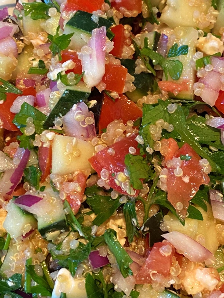 close-up of fresh ingredients for Greek Quinoa Salad
