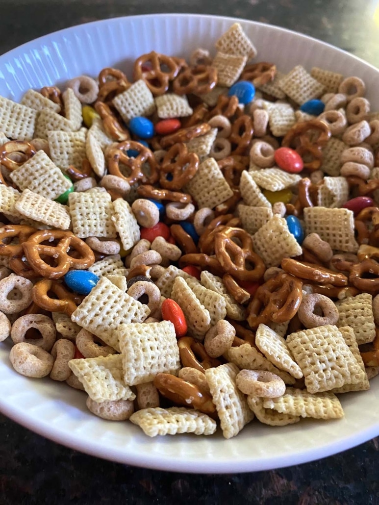 crunchy, salty, and sweet Homemade Chex Mix in a bowl