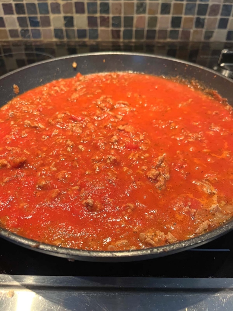 pan of simmering Ground Turkey Bolognese Sauce