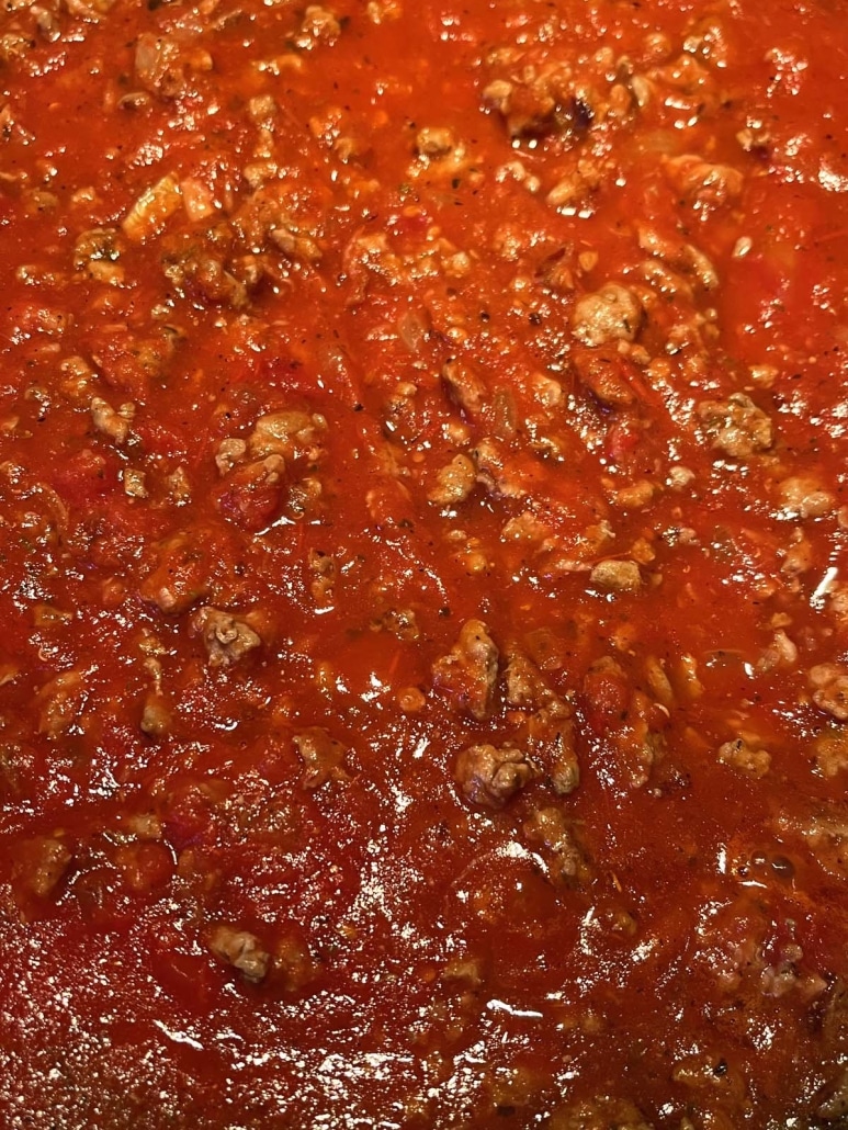 close-up of ground turkey in bolognese sauce