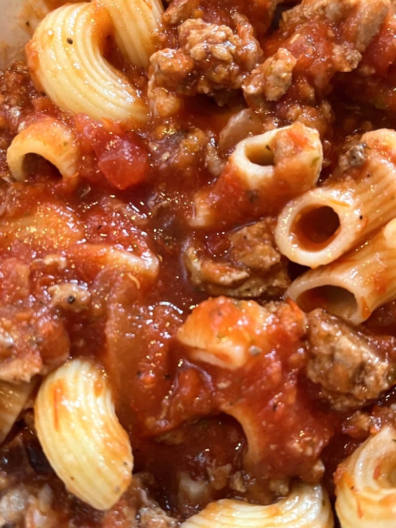 macaroni noodles in Ground Turkey Bolognese Sauce