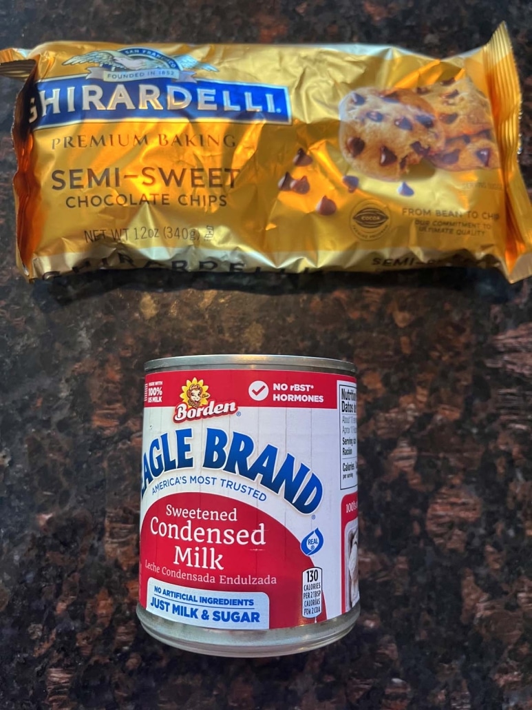 bag of chocolate chips next to a can of sweetened condensed milk