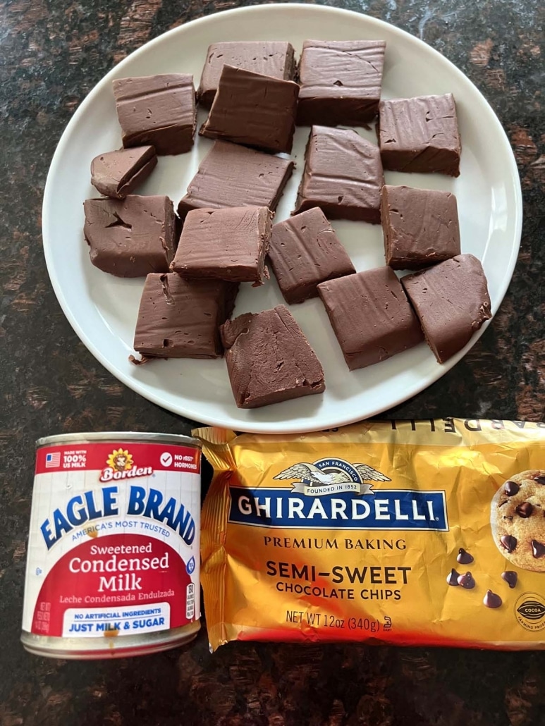 pieces of microwave fudge next to ingredients