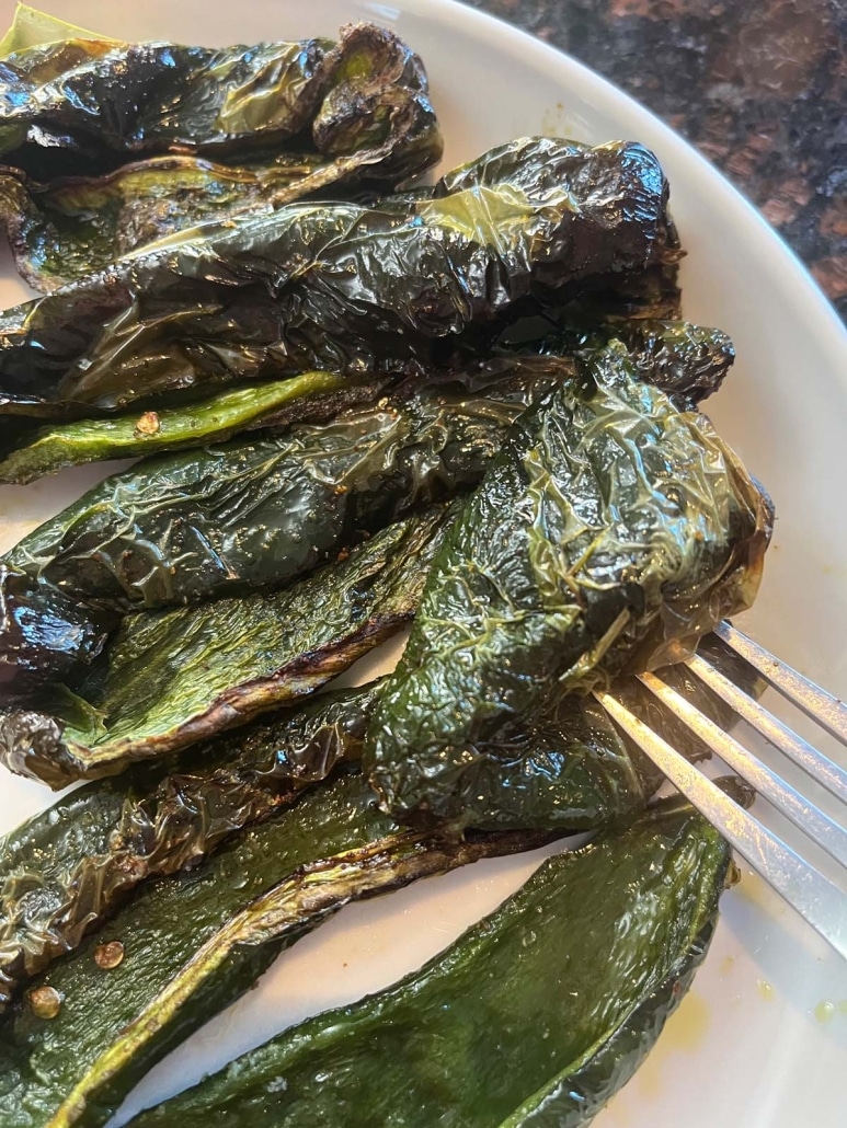 fork holding Air Fryer Roasted Poblano Pepper