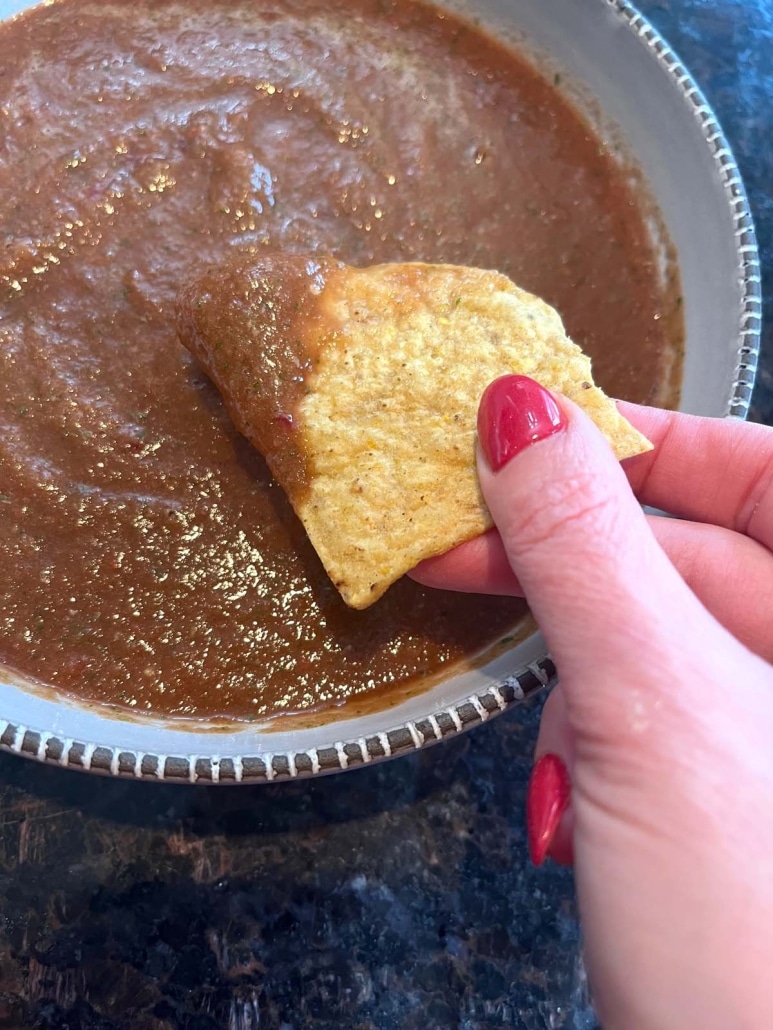 hand holding tortilla chip dipped in easy appetizer blender salsa