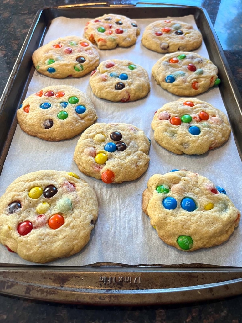 M&M Cookies on a baking sheet