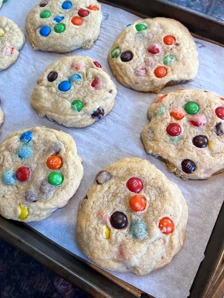 baked M&M Cookies on a cookie sheet