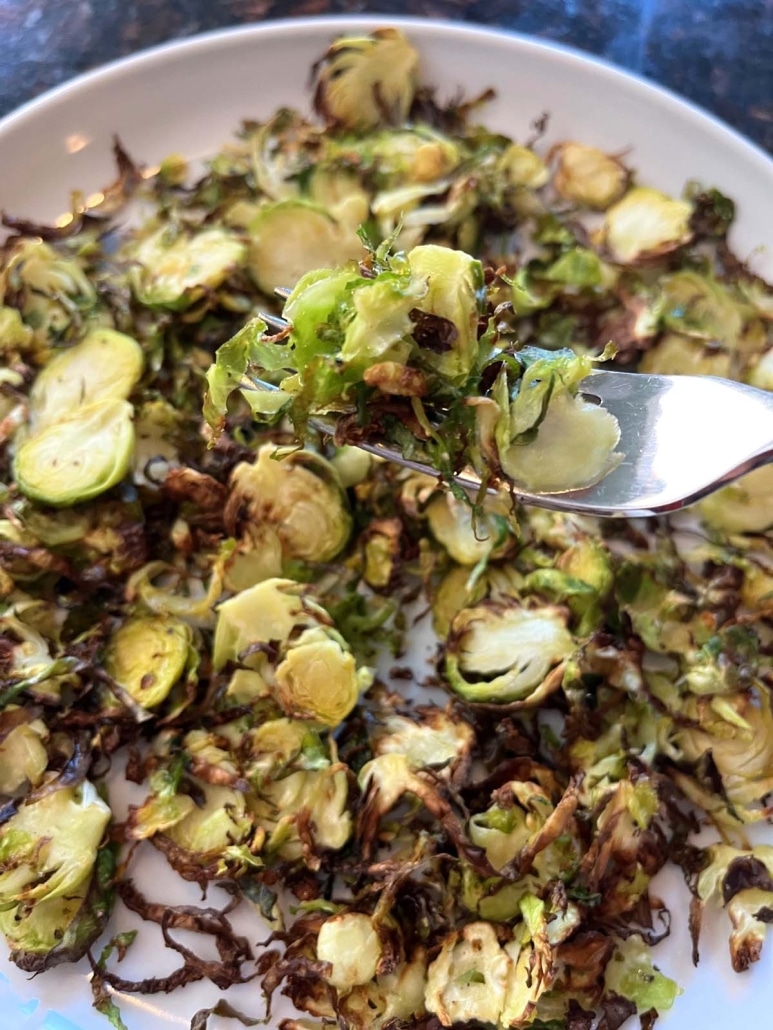 forkful of Air Fryer Shaved Brussels Sprouts
