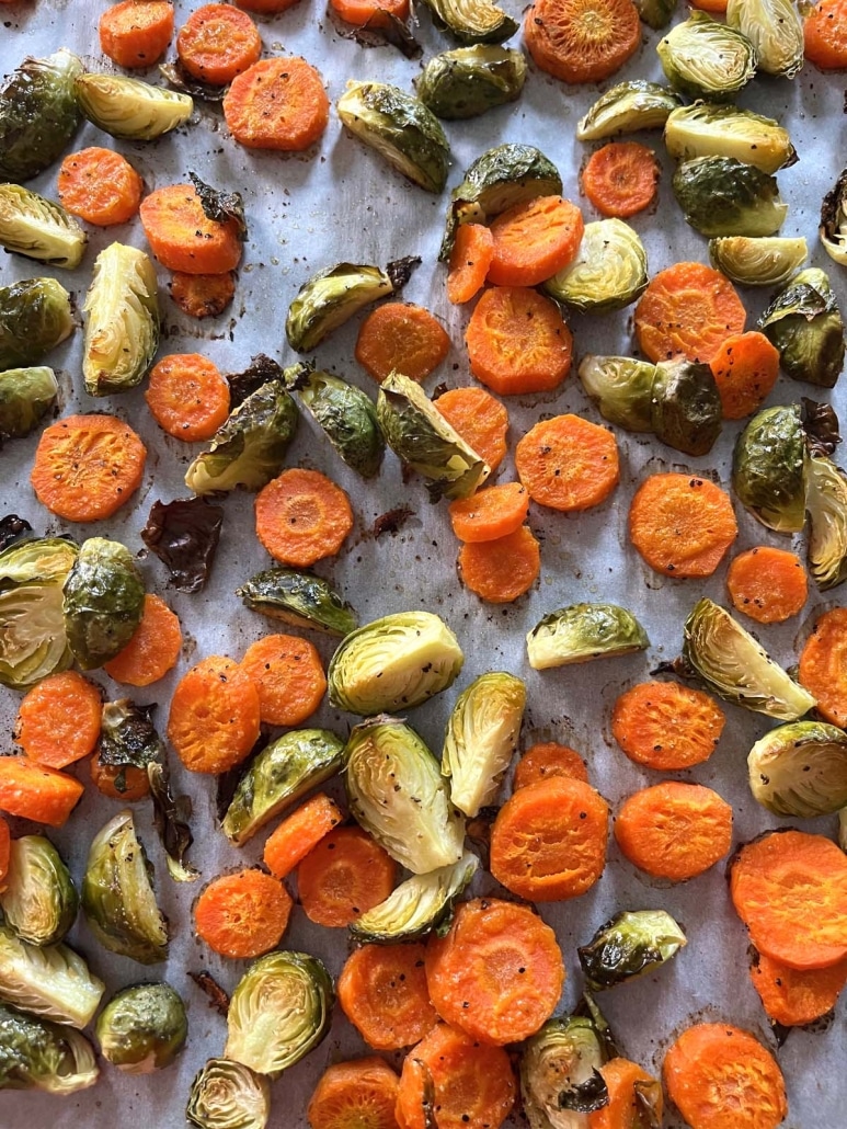 roasted and flavorful Brussels sprouts and carrots