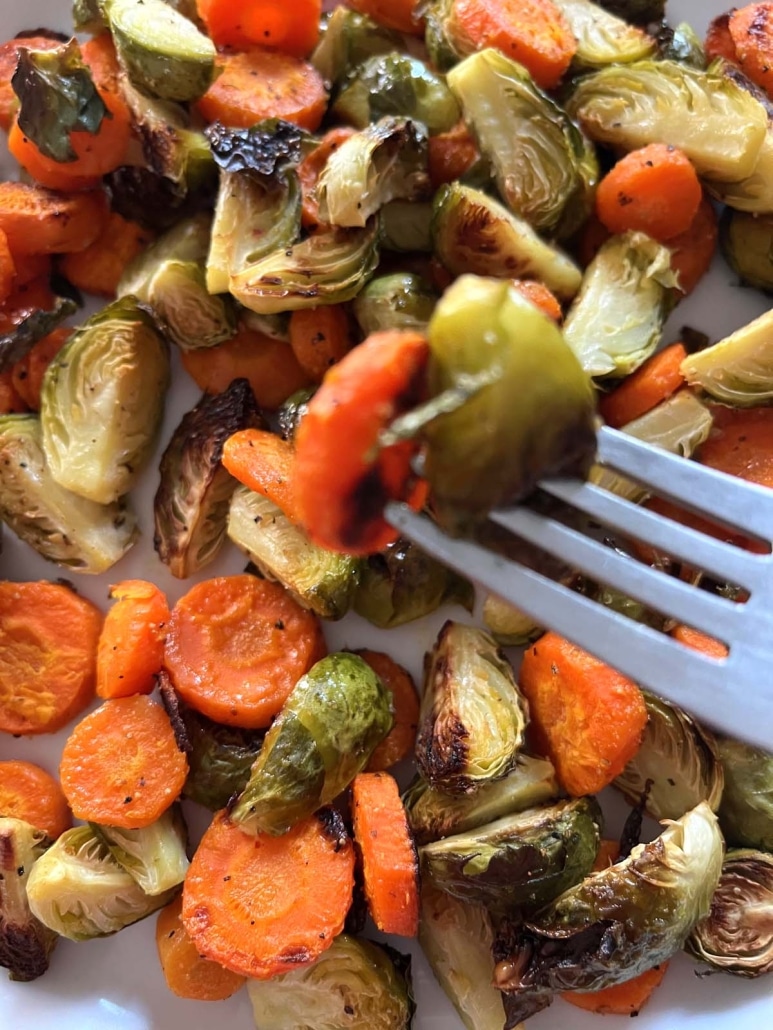 fork with bite of roasted veggies