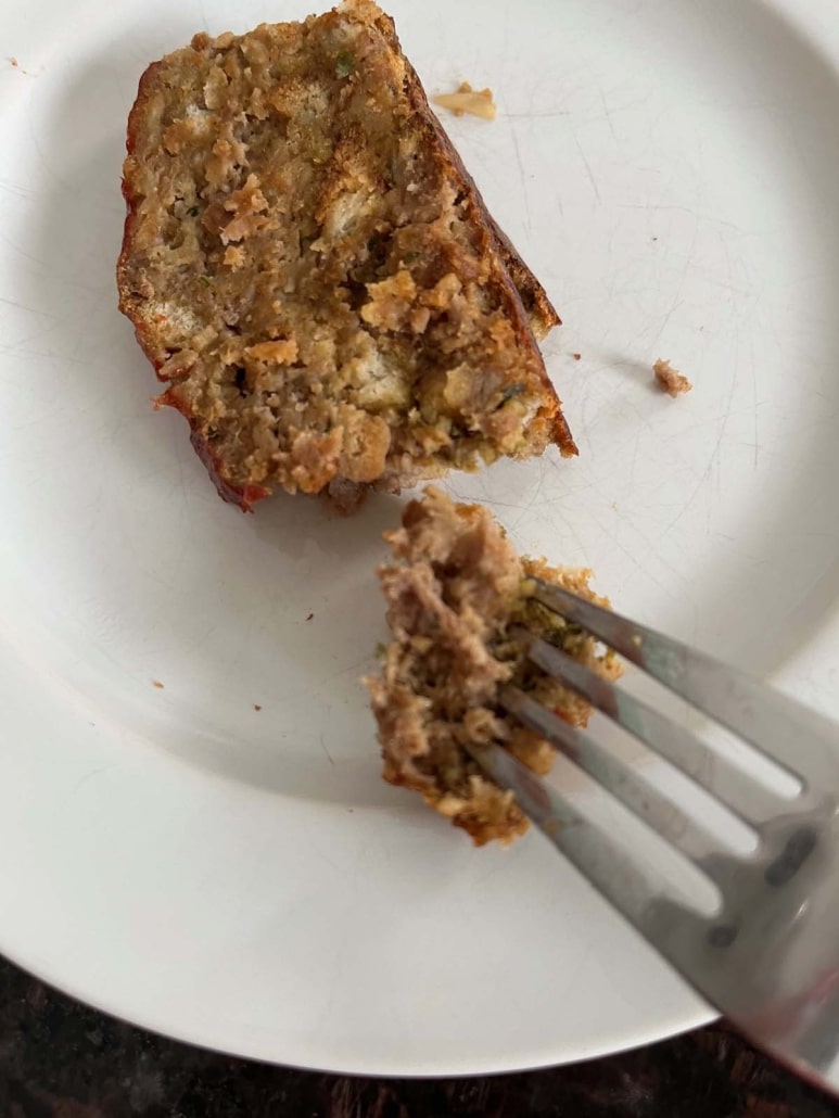 fork holding piece of Stove Top Stuffing Meatloaf