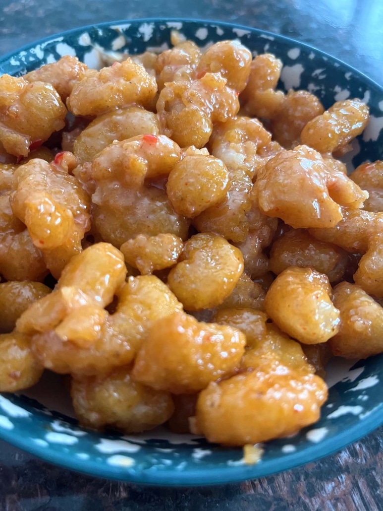 bowl of tasty appetizer or dinner Air Fryer Bang Bang Shrimp