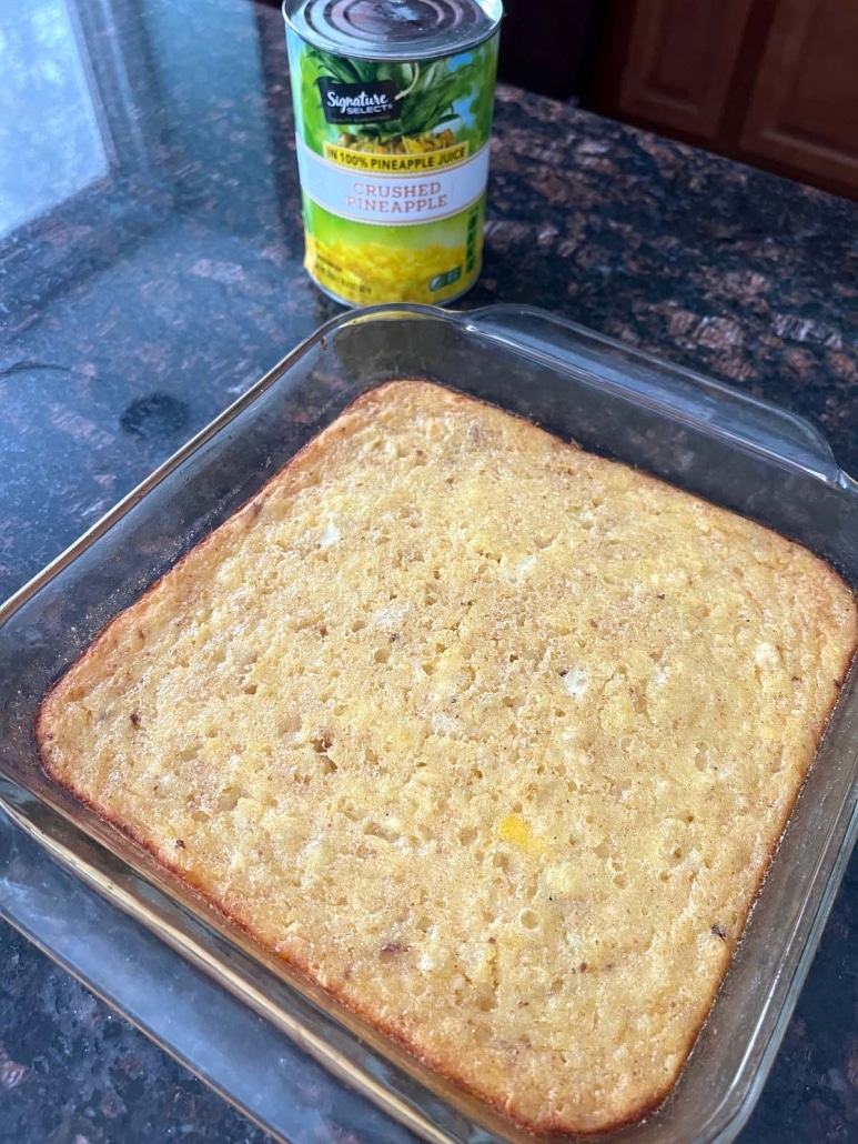 Pineapple Bake Casserole next to a can of crushed pineapple