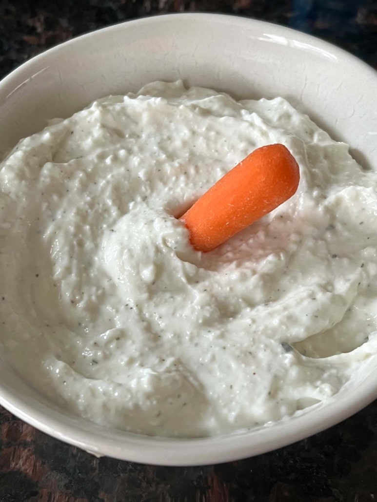 baby carrot in easy snack or appetizer Cottage Cheese Ranch Dip