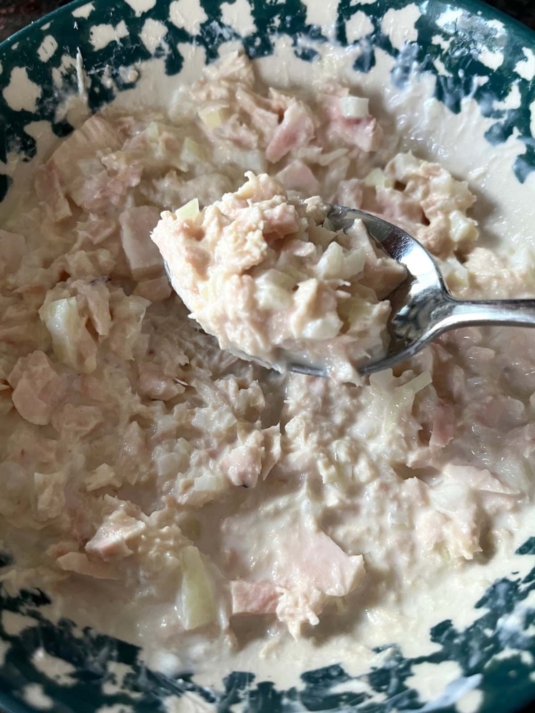 mixing up Greek Yogurt Tuna Salad for lunch