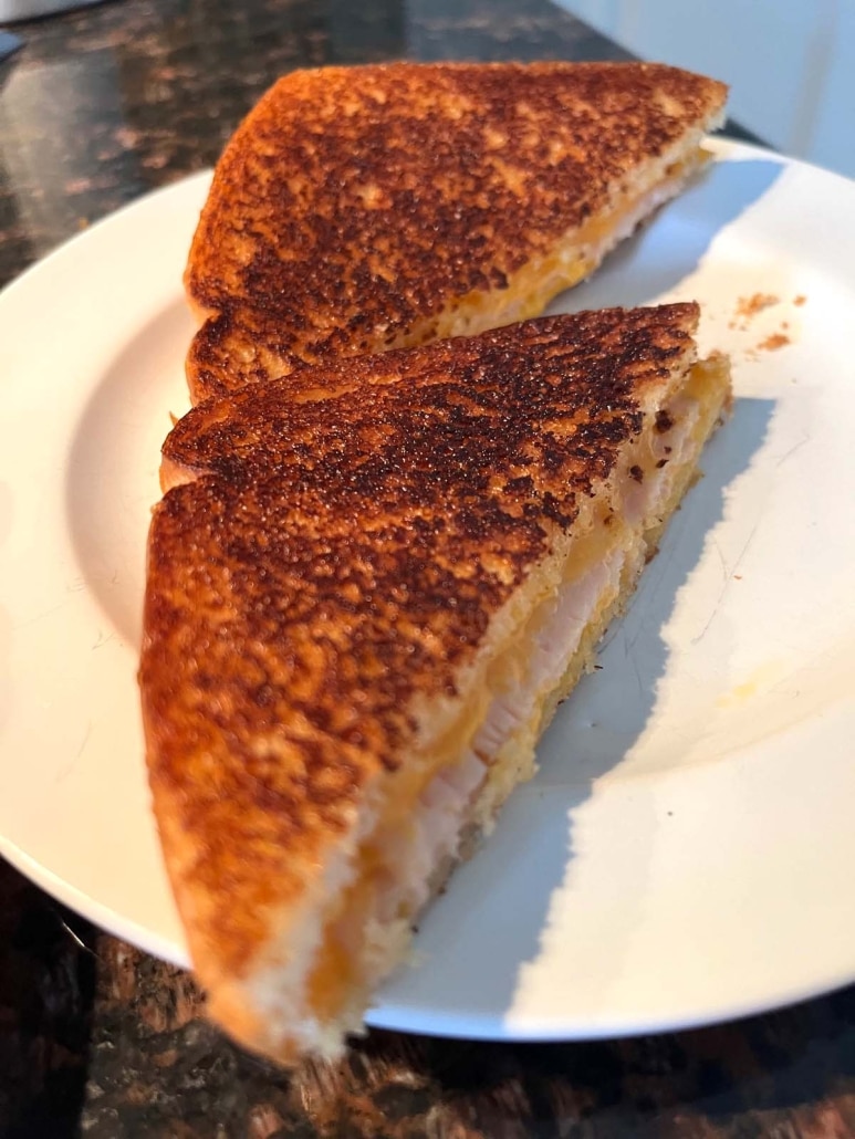 2 pieces of Grilled Turkey And Cheese Sandwich on a plate