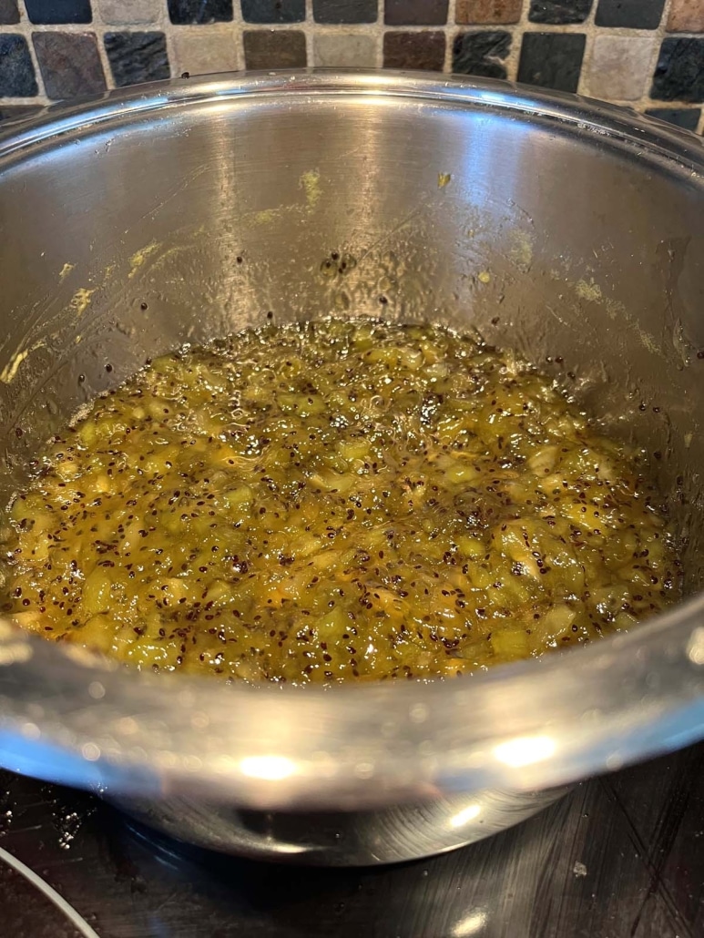 pot of Kiwi Jam cooking on the stove