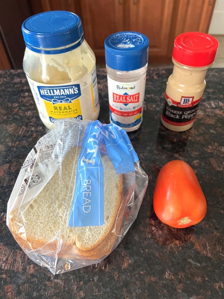 ingredients for Tomato Toast: bread, tomato, mayo, salt and pepper