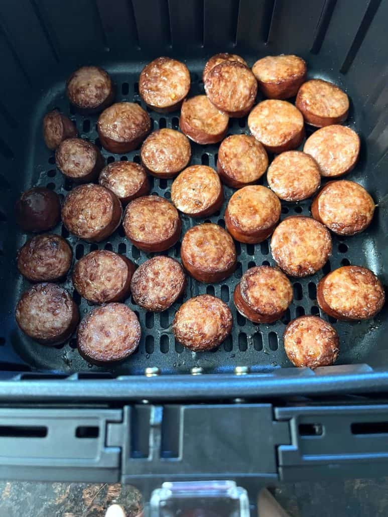 Andouille sausage slices, showing the crispy texture achieved in the air fryer.